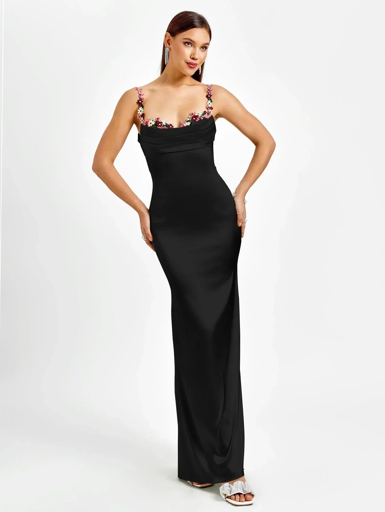 Rochie maxi de seară pentru femei, din satin, cu ornamente florale