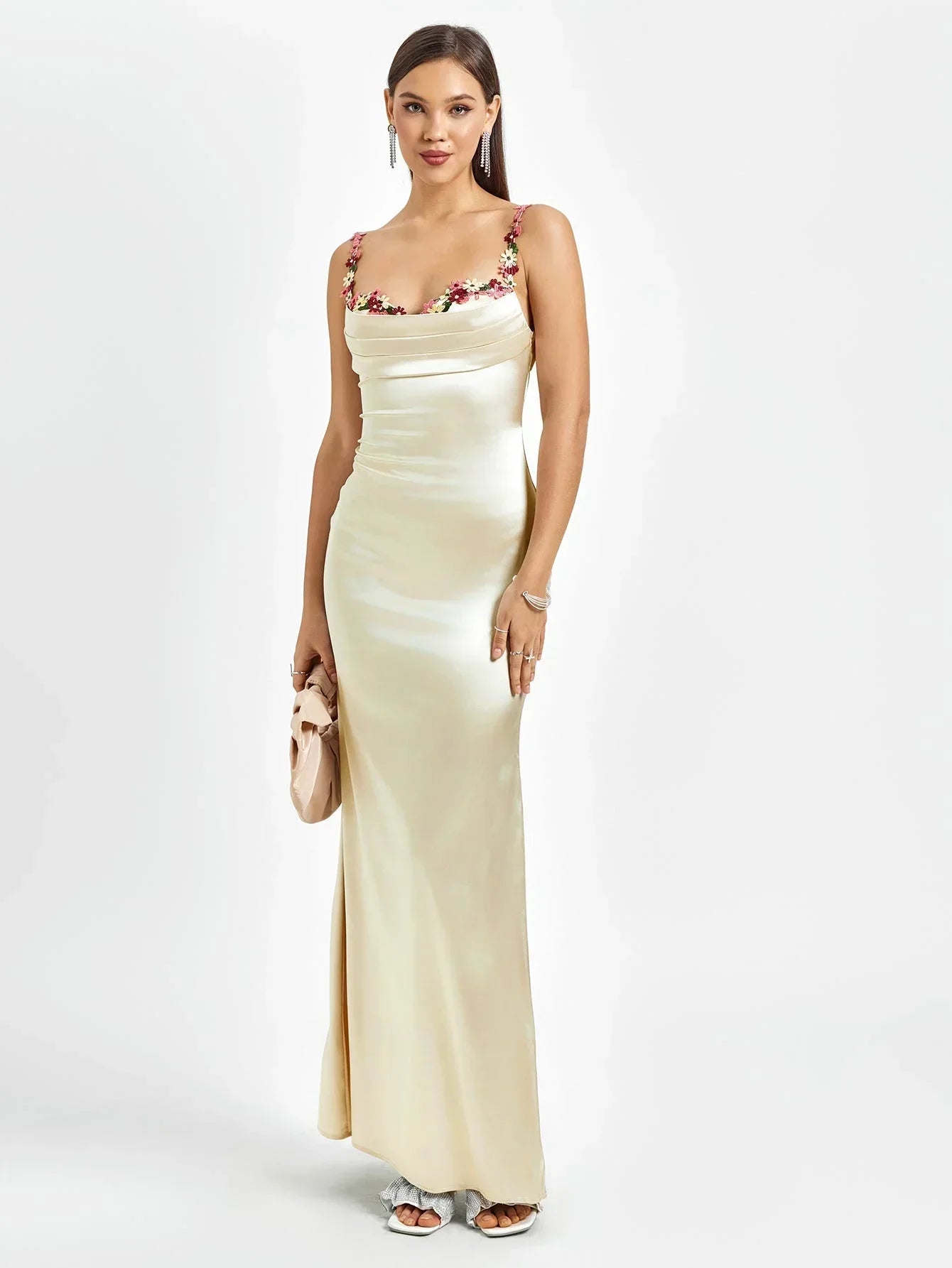 Rochie maxi de seară pentru femei, din satin, cu ornamente florale