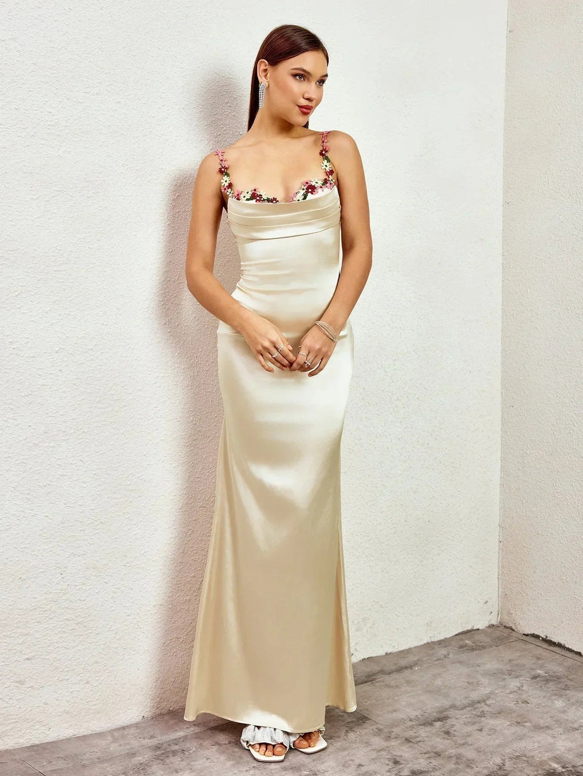 Women's Satin Evening Maxi Dress with Floral Embellishments - photo 6