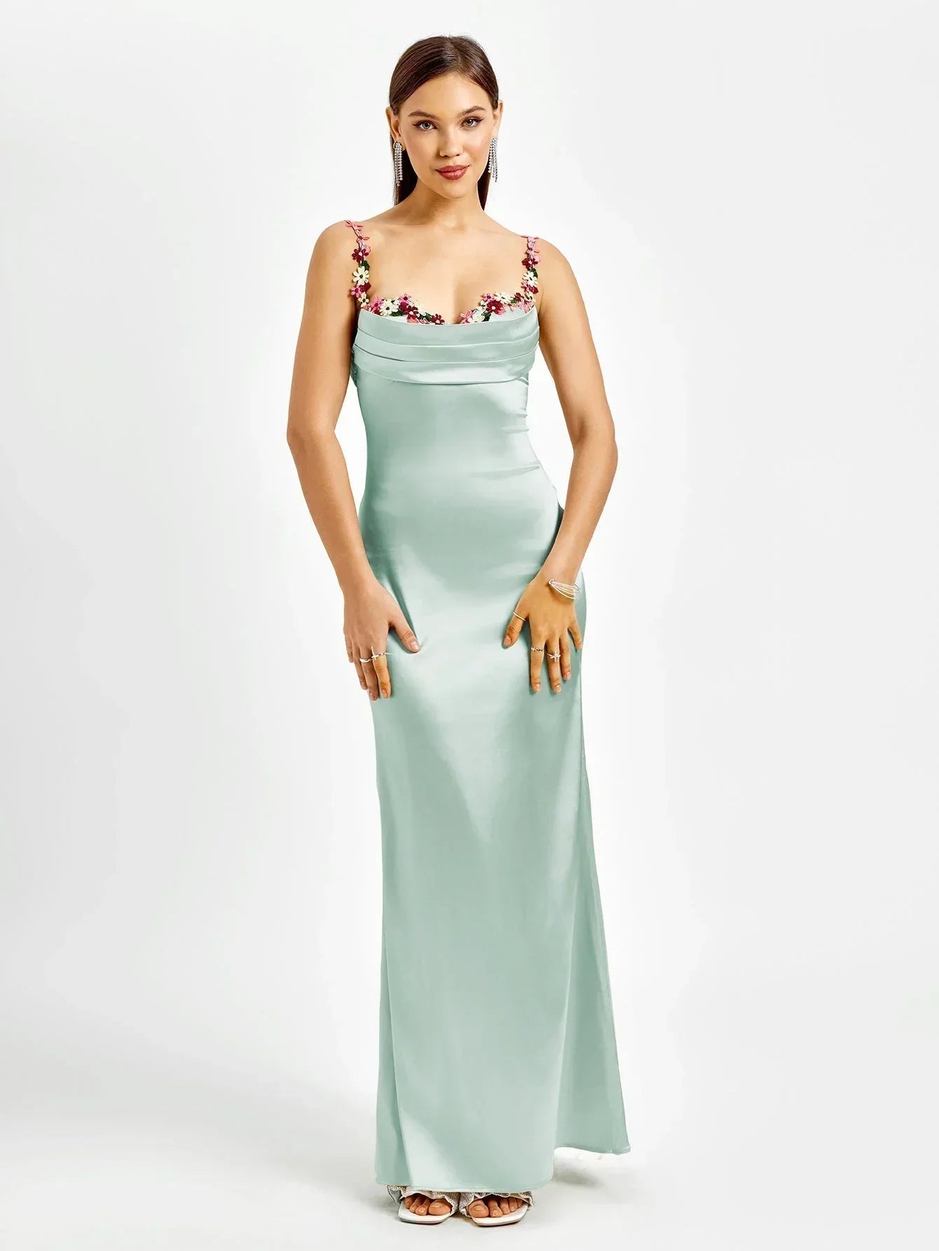 Rochie maxi de seară pentru femei, din satin, cu ornamente florale