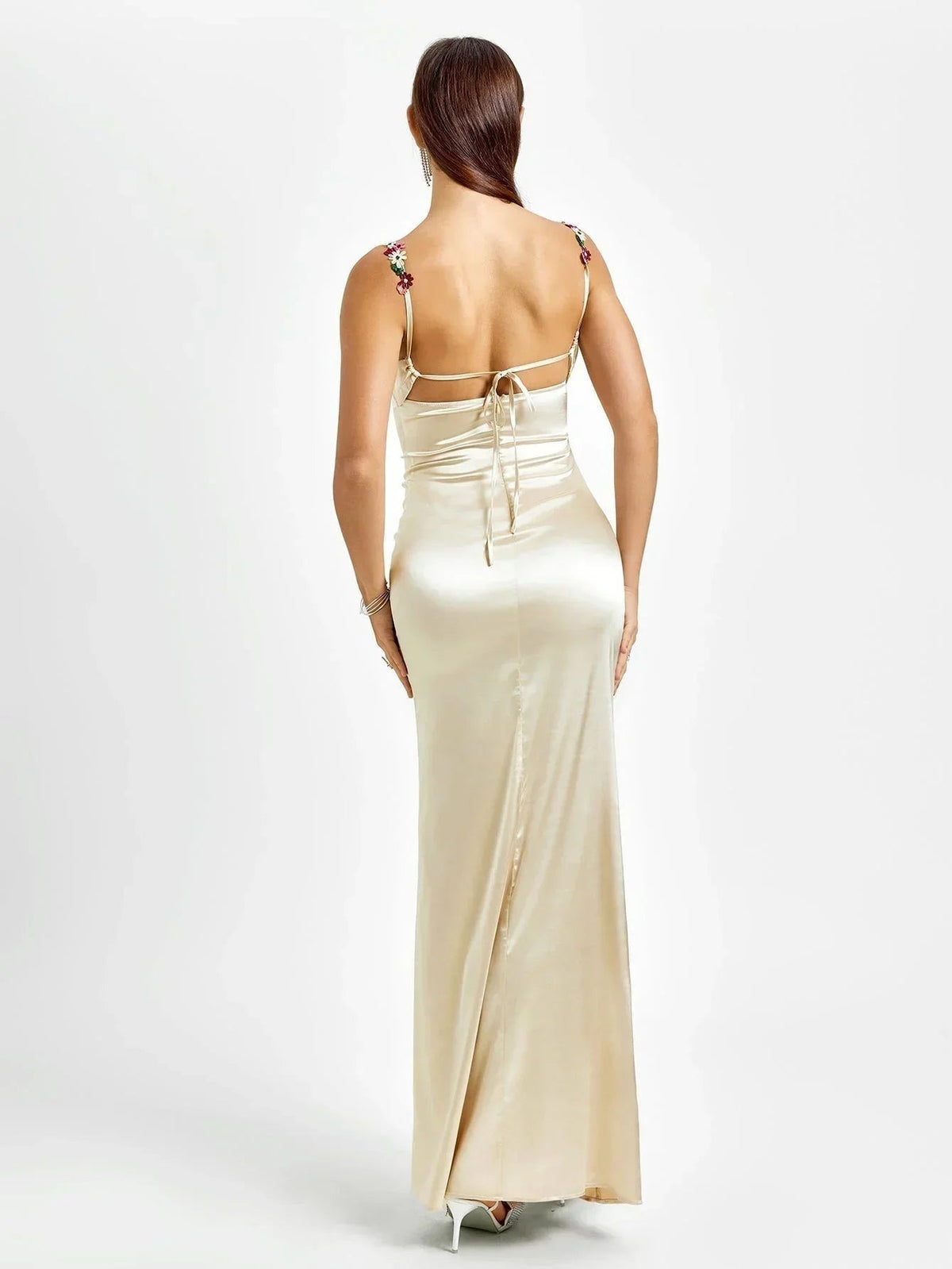 Women's Satin Evening Maxi Dress with Floral Embellishments - photo 2