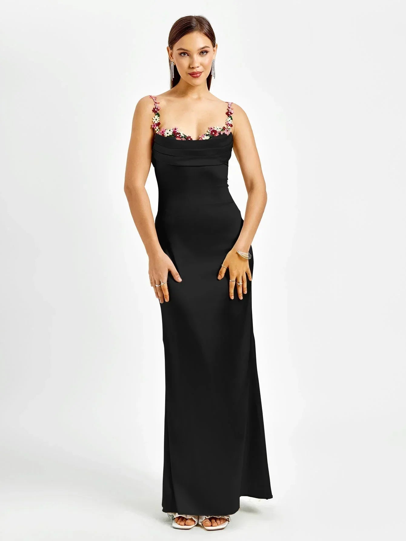 Rochie maxi de seară pentru femei, din satin, cu ornamente florale