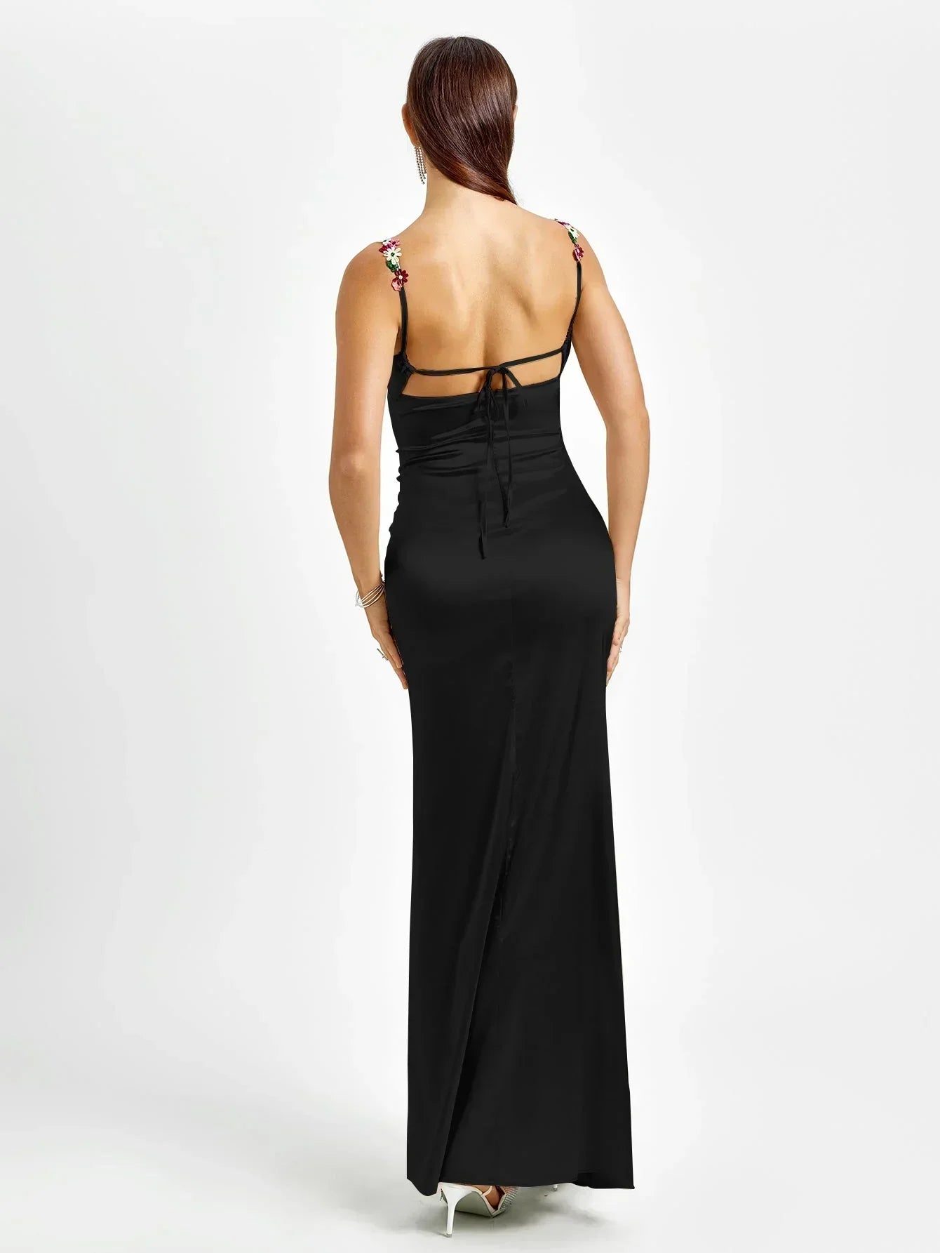 Rochie maxi de seară pentru femei, din satin, cu ornamente florale