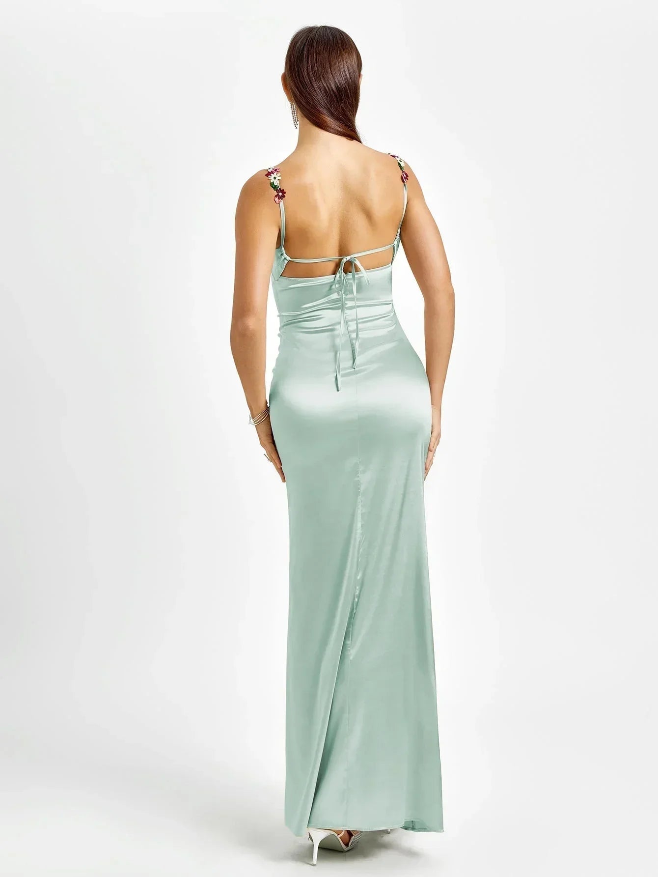 Rochie maxi de seară pentru femei, din satin, cu ornamente florale