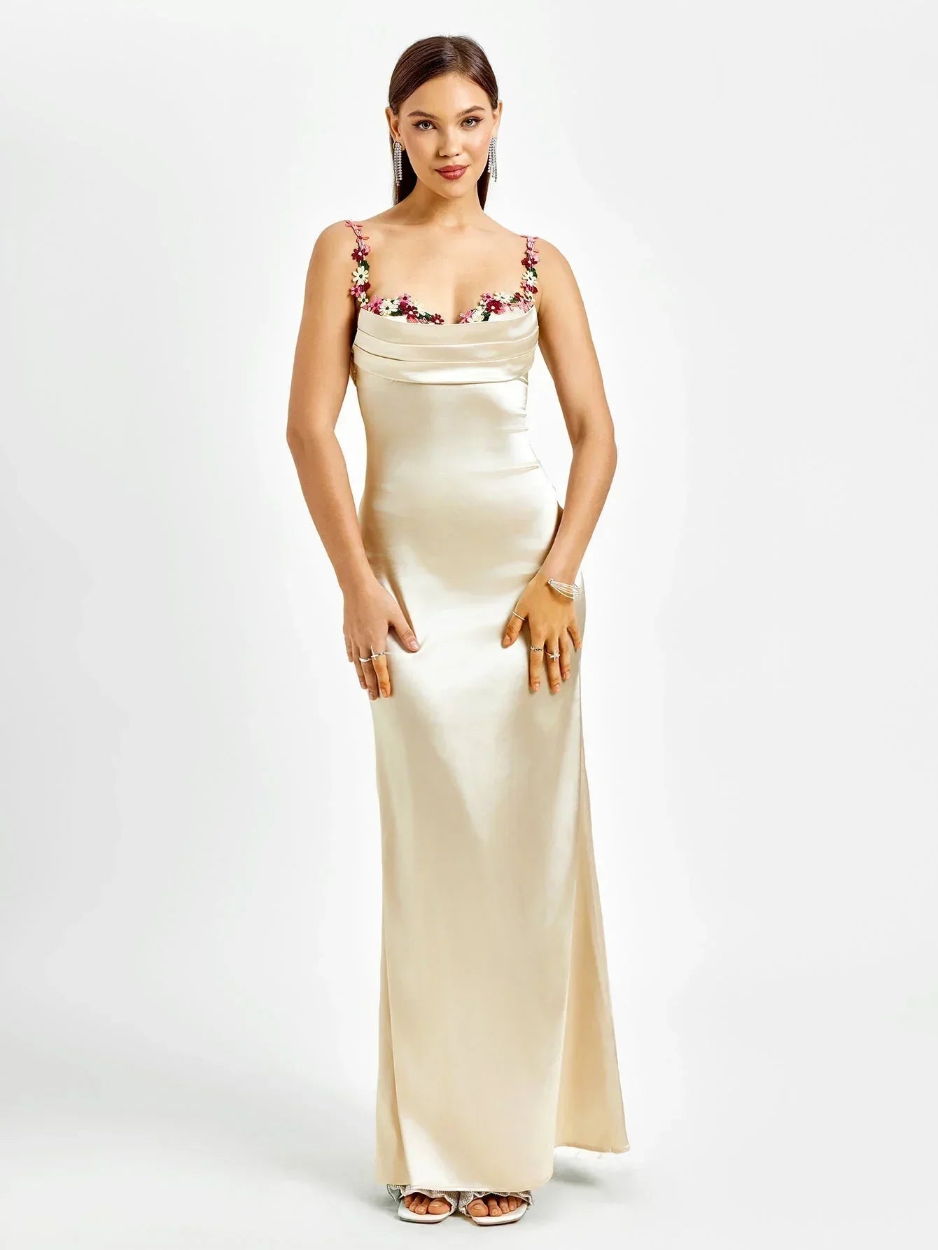 Rochie maxi de seară pentru femei, din satin, cu ornamente florale