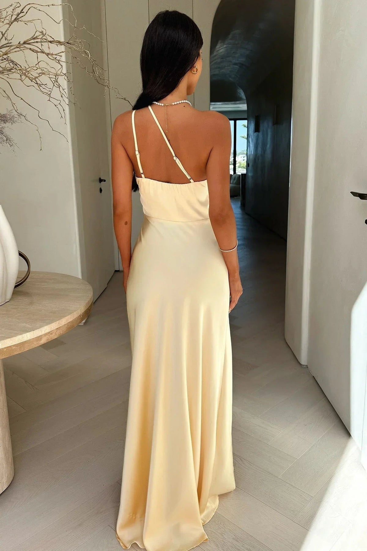 Cassandra - Women's beige asymmetric maxi dress with slit - photo 5