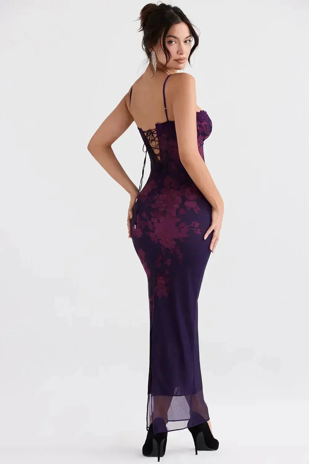Rochie maxi de seară pentru femei, cu imprimeu floral și decolteu în formă de inimă