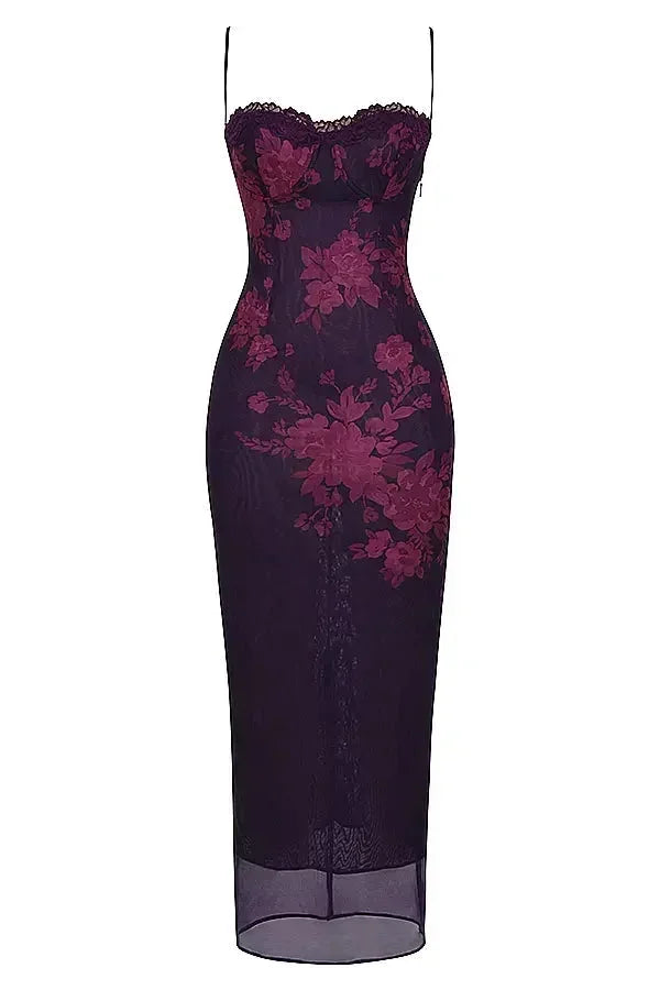 Rochie maxi de seară pentru femei, cu imprimeu floral și decolteu în formă de inimă