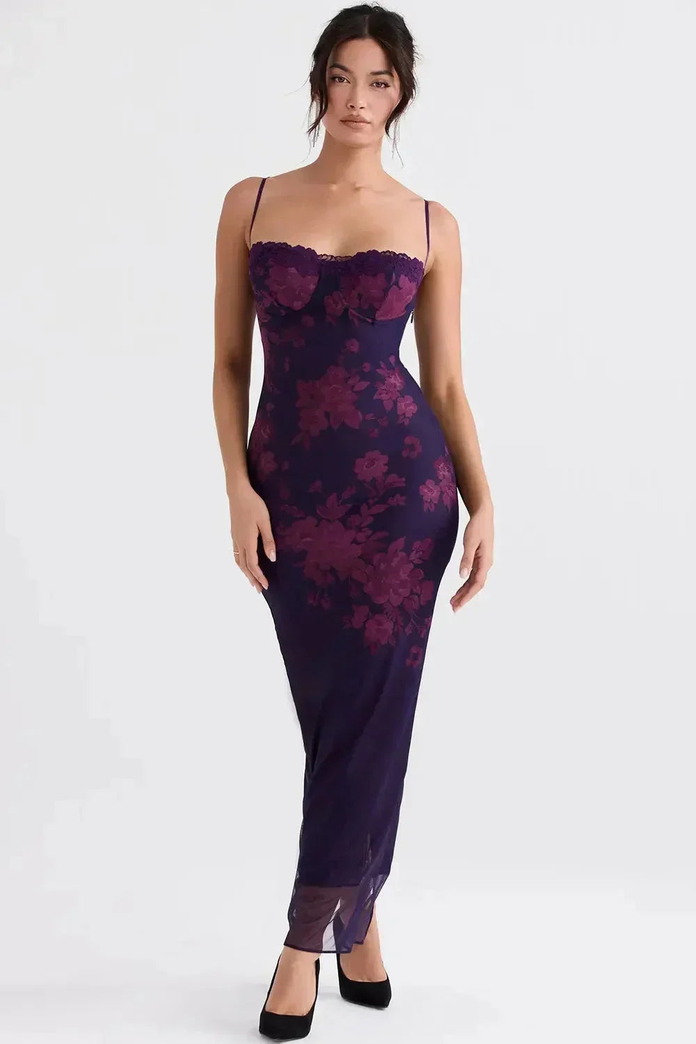 Rochie maxi de seară pentru femei, cu imprimeu floral și decolteu în formă de inimă