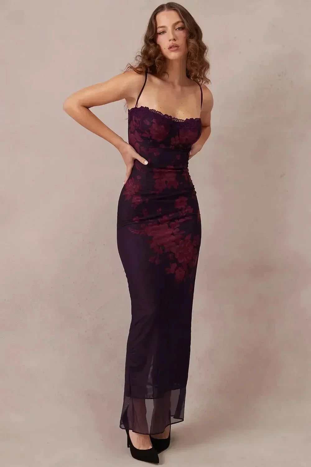 Rochie maxi de seară pentru femei, cu imprimeu floral și decolteu în formă de inimă