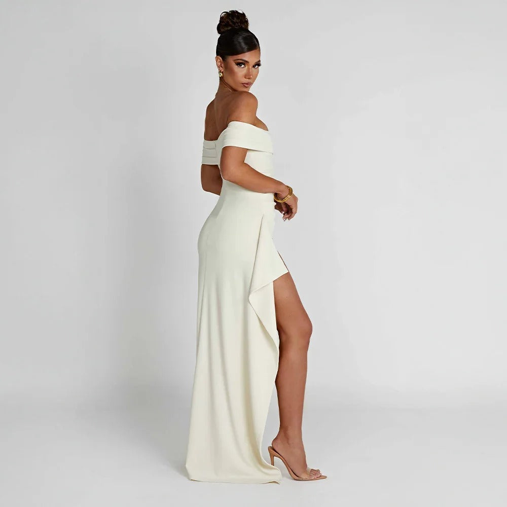 Jade - Women's long dress with bare shoulders and slit - photo 12