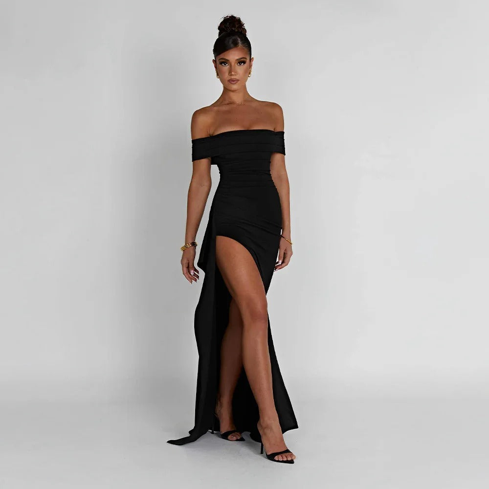 Jade - Women's long dress with bare shoulders and slit - photo 5