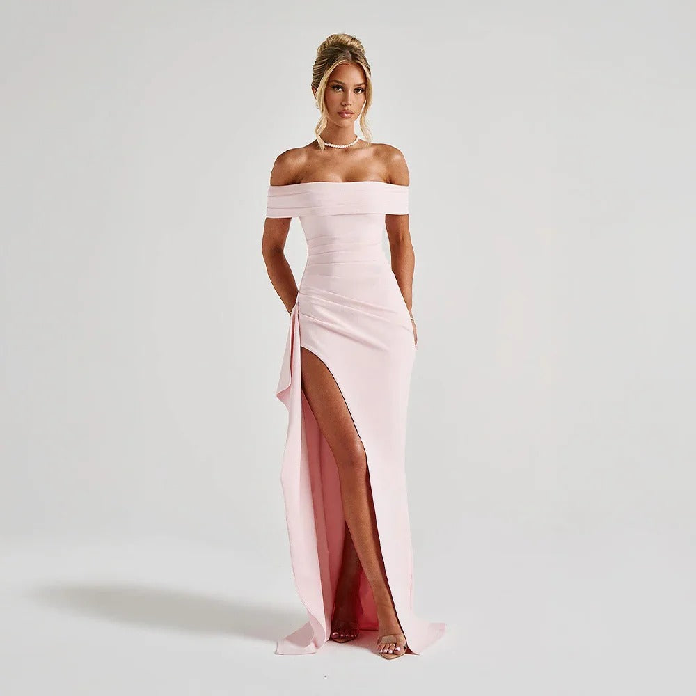 Jade - Women's long dress with bare shoulders and slit - photo 1