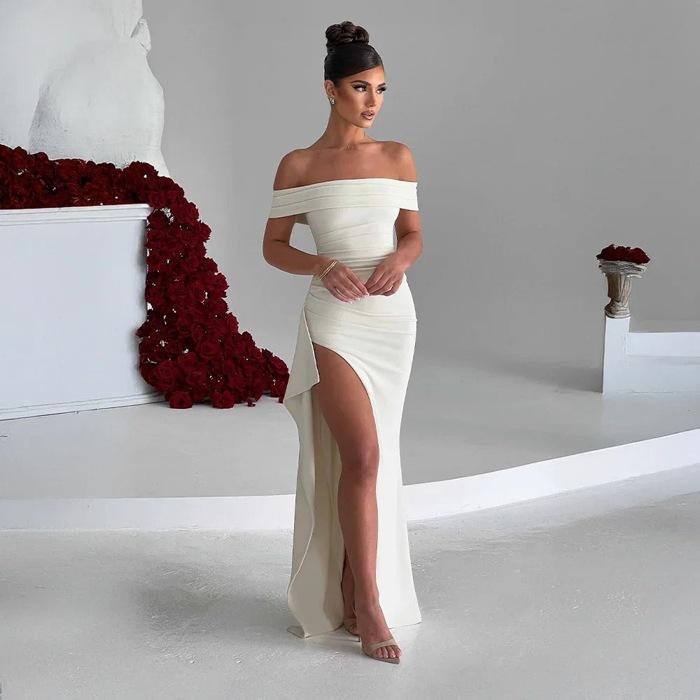 Jade - Women's long dress with bare shoulders and slit - photo 13
