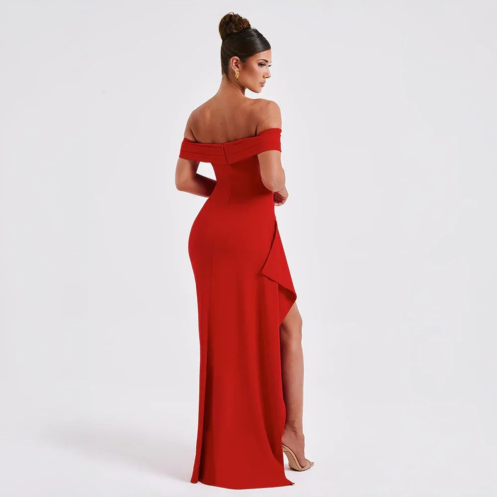 Jade - Women's long dress with bare shoulders and slit - photo 11