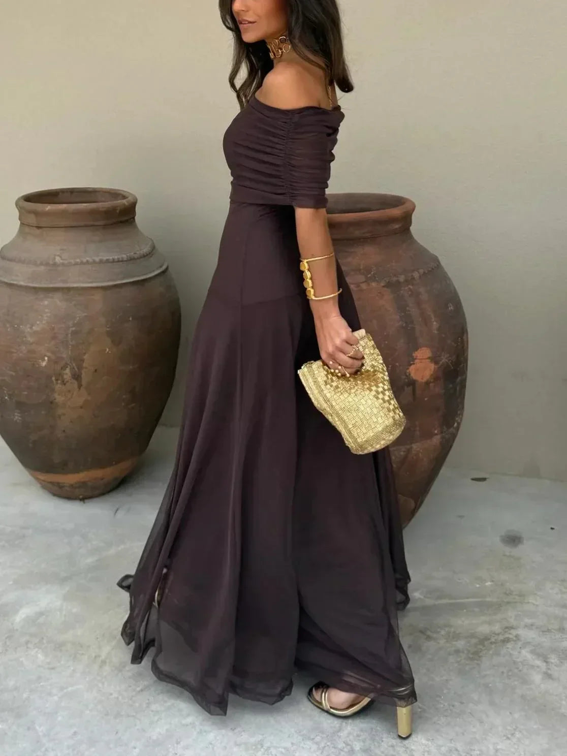 Rochie maxi dama femei ciocolata off-the-Shoulders