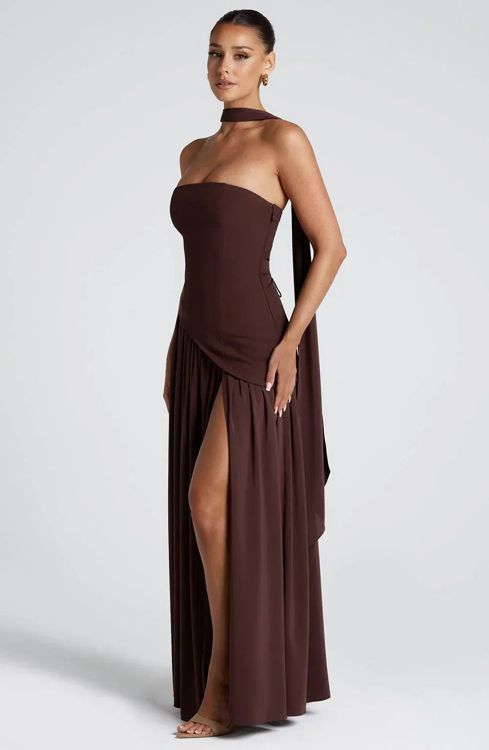 Bianca - Long strapless corset dress with scarf detail and high slit - photo 9