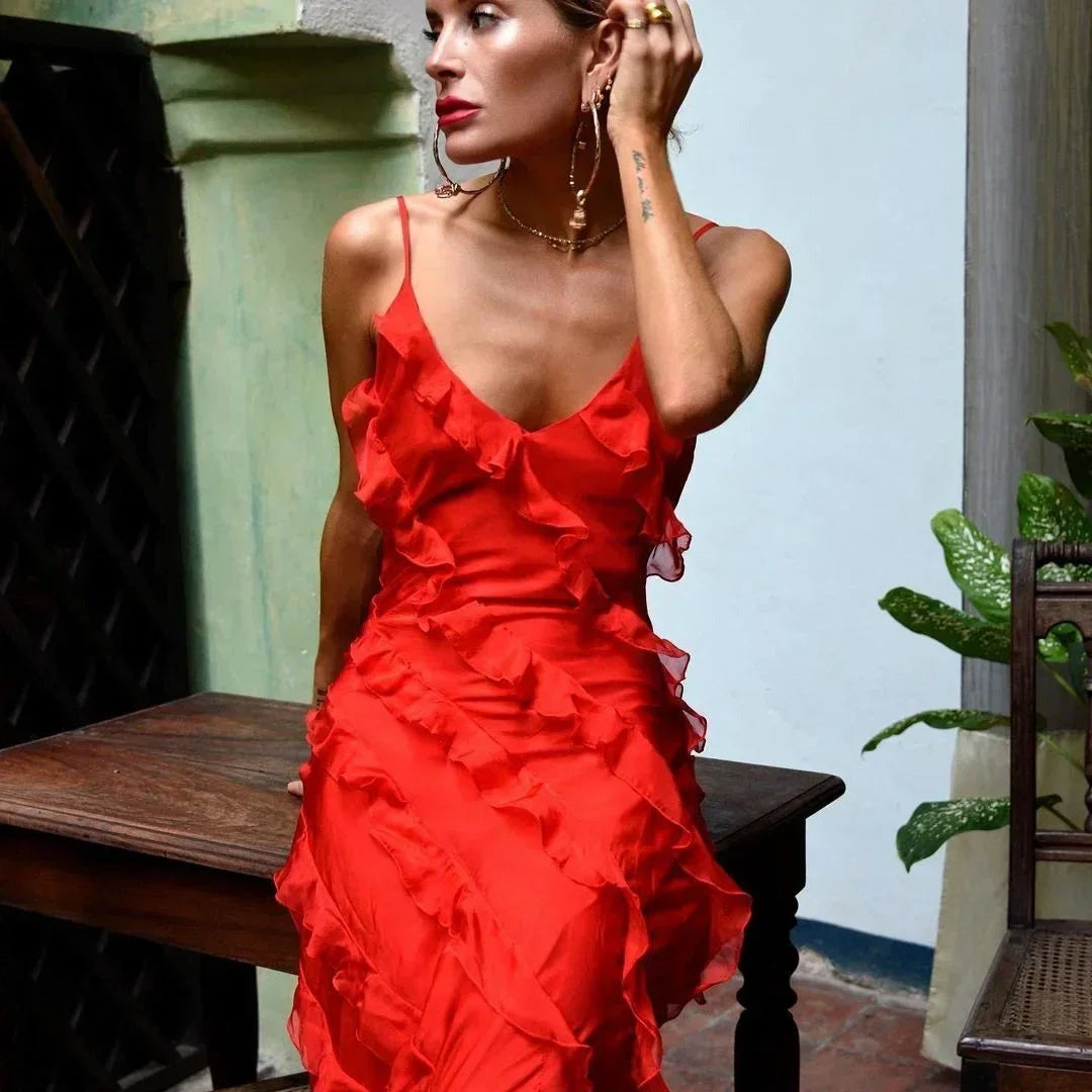 Ophelia - Women's long evening dress with straps and ruffles - photo 7