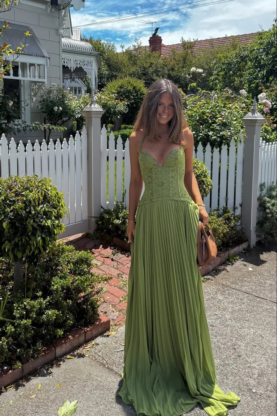 Women's Green Pleated Corset Maxi Dress - photo 4