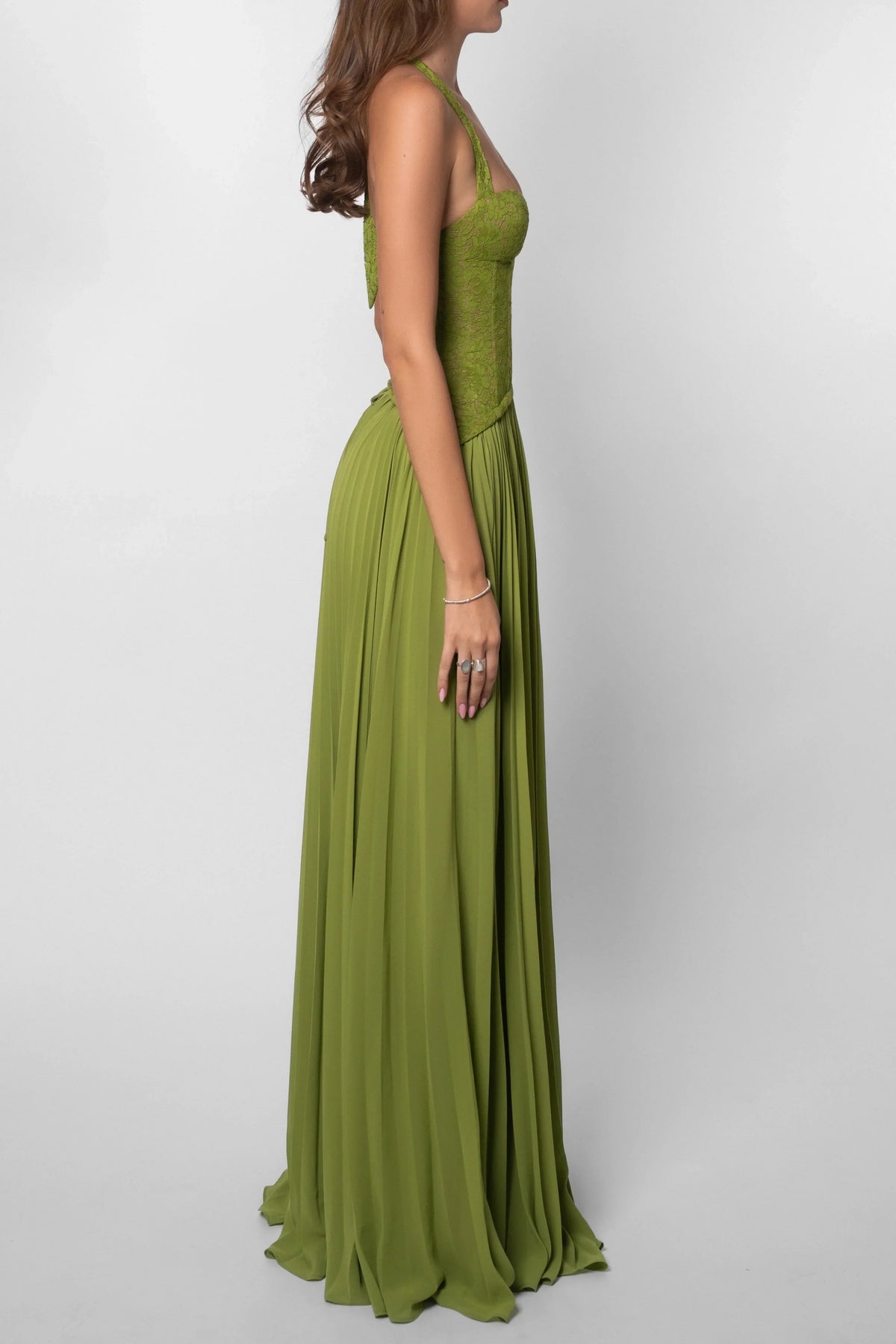 Women's Green Pleated Corset Maxi Dress - photo 7