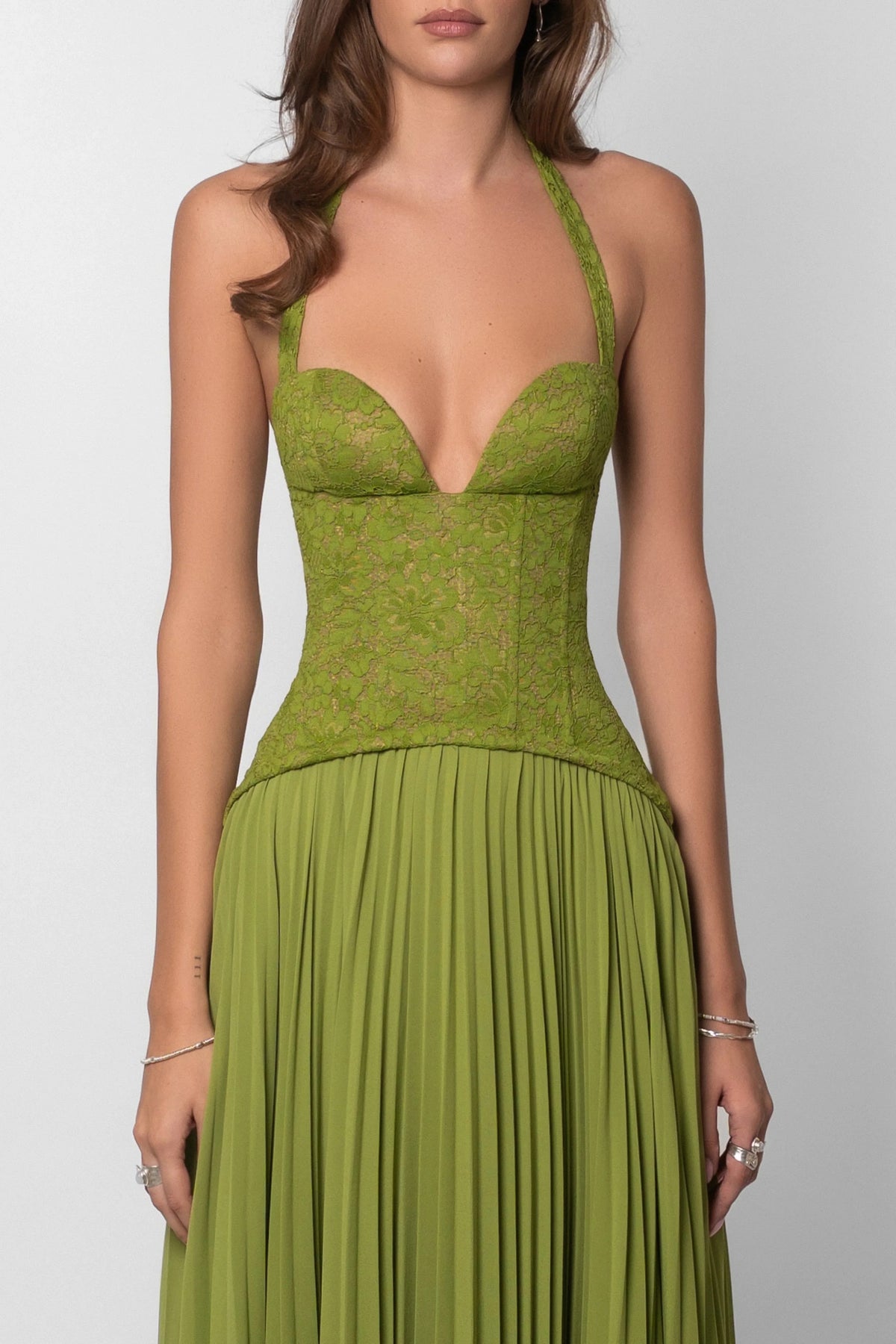 Women's Green Pleated Corset Maxi Dress - photo 10