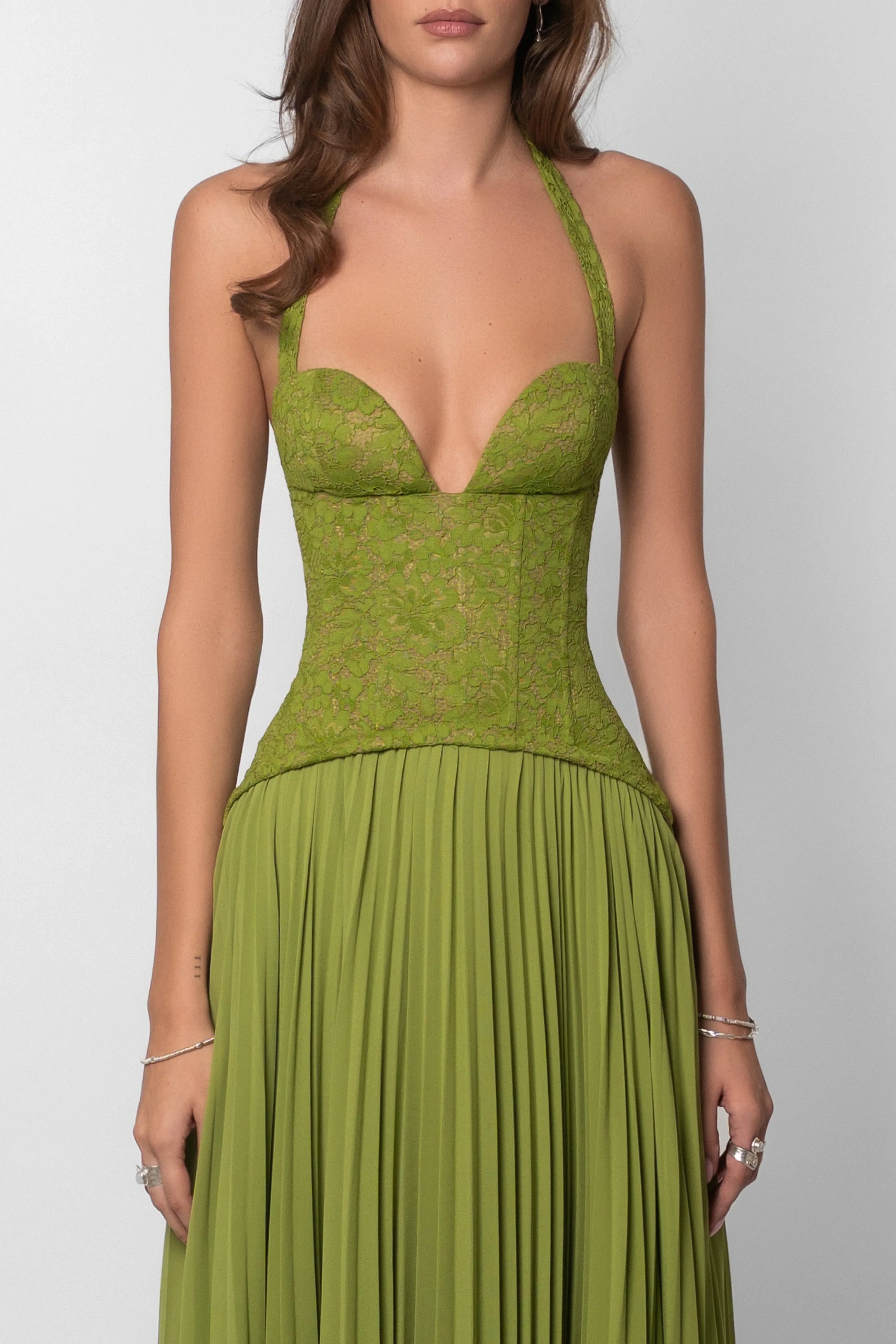 Rochie maxi verde de damă cu corset plisat