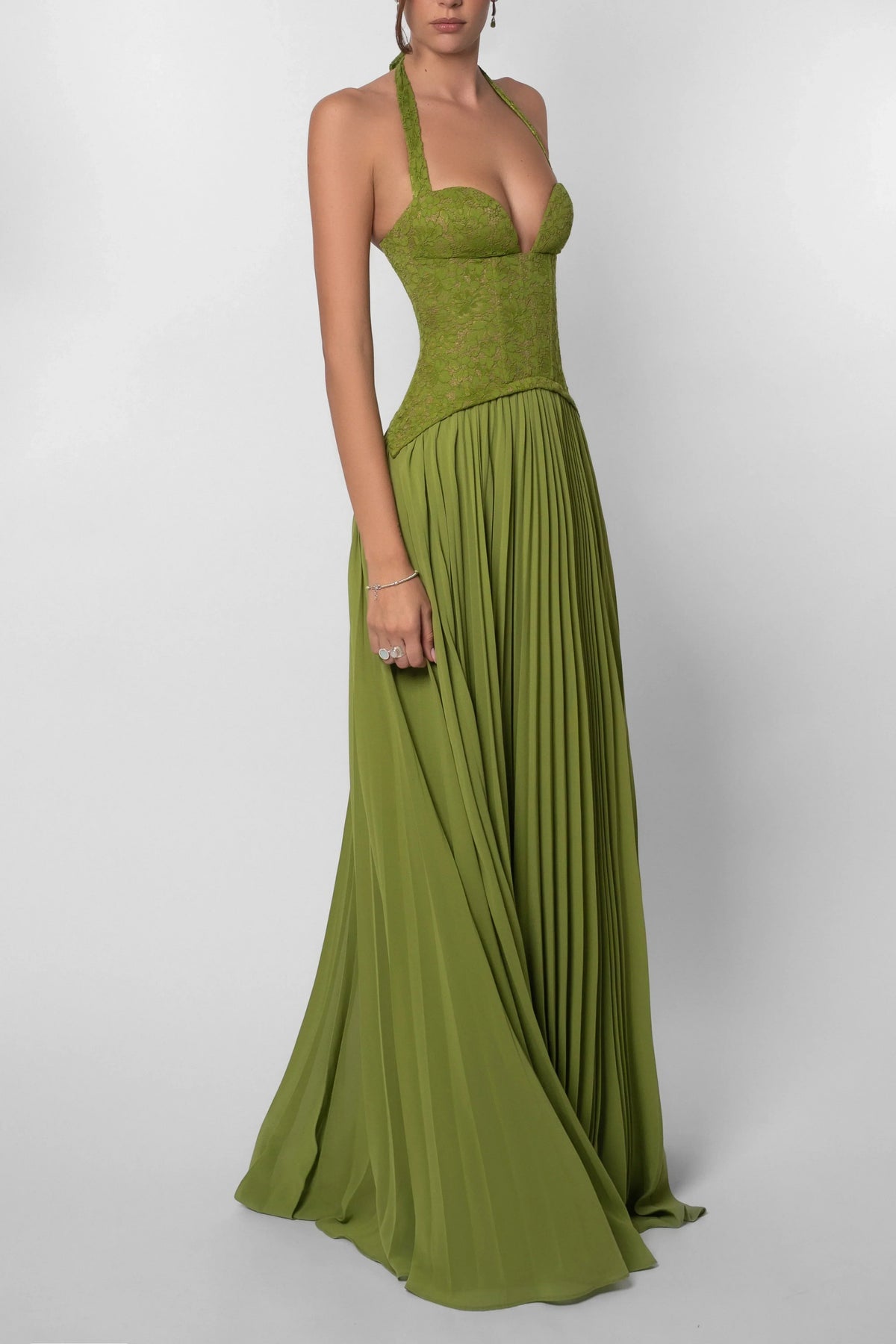 Women's Green Pleated Corset Maxi Dress - photo 8