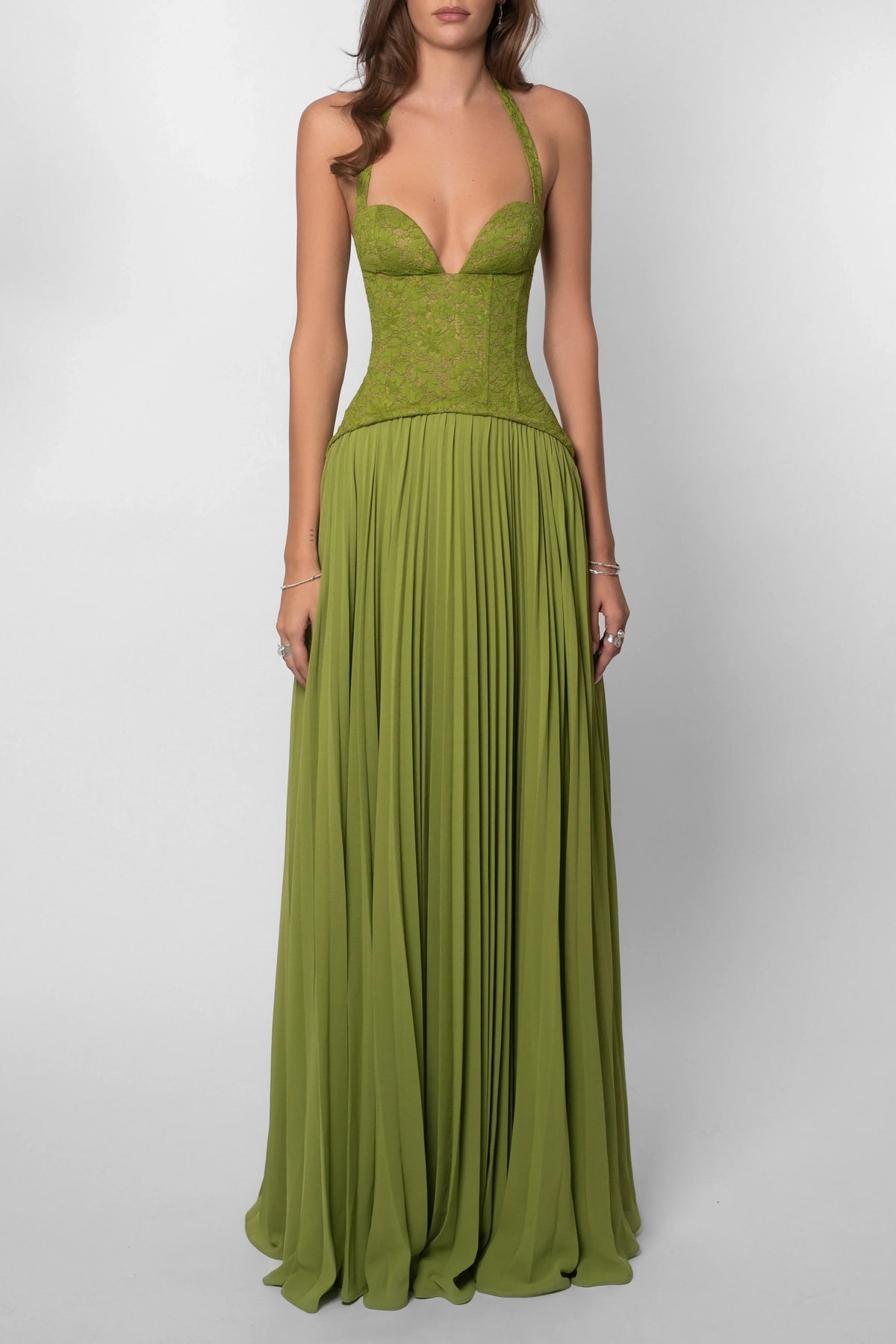Women's Green Pleated Corset Maxi Dress - photo 5