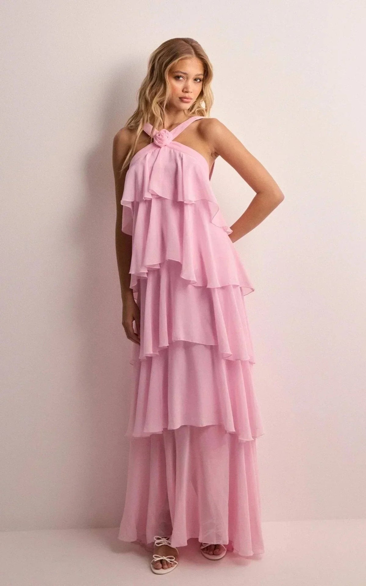 Kyla - Women's Long pink dress with halter neck and floral ruffles - photo 1