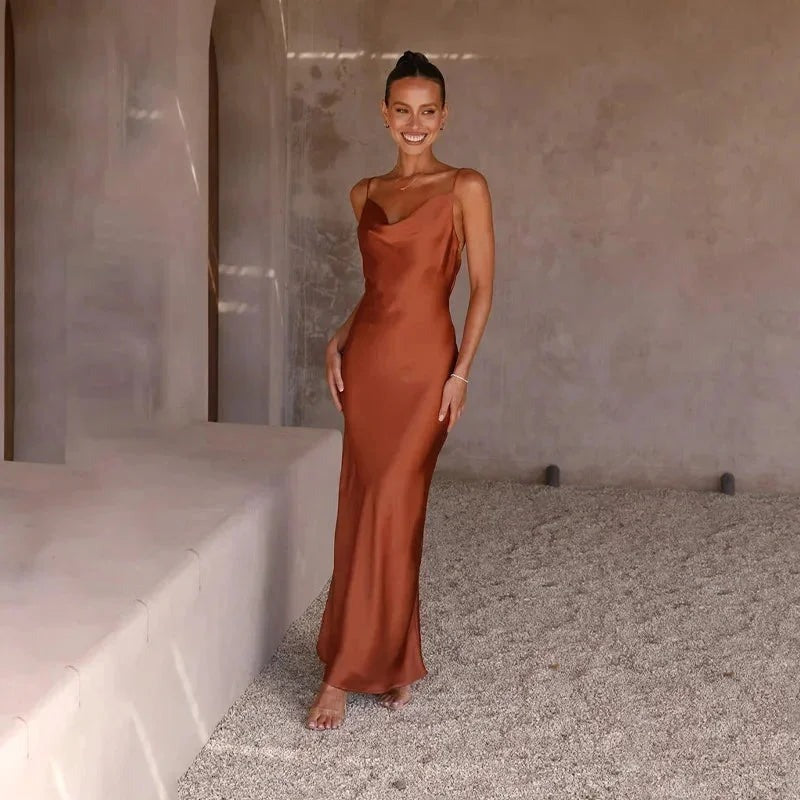 Maya - Women's long satin dress with cowl neck and no sleeves - photo 6