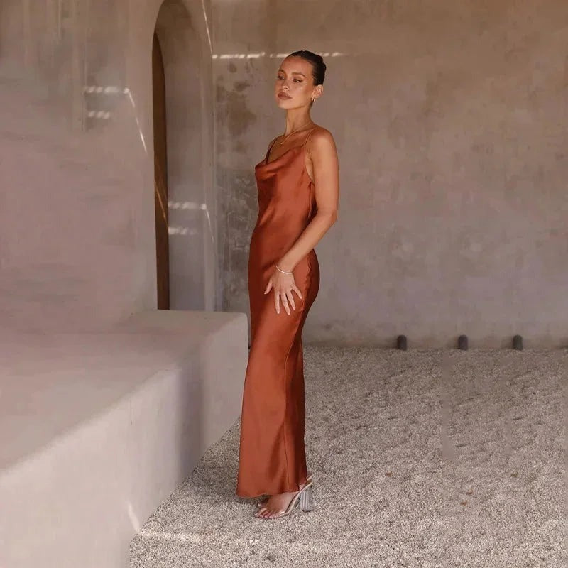Maya - Women's long satin dress with cowl neck and no sleeves - photo 9