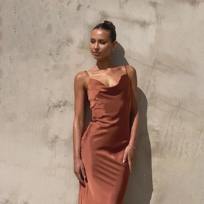Maya - Women's long satin dress with cowl neck and no sleeves - photo 5