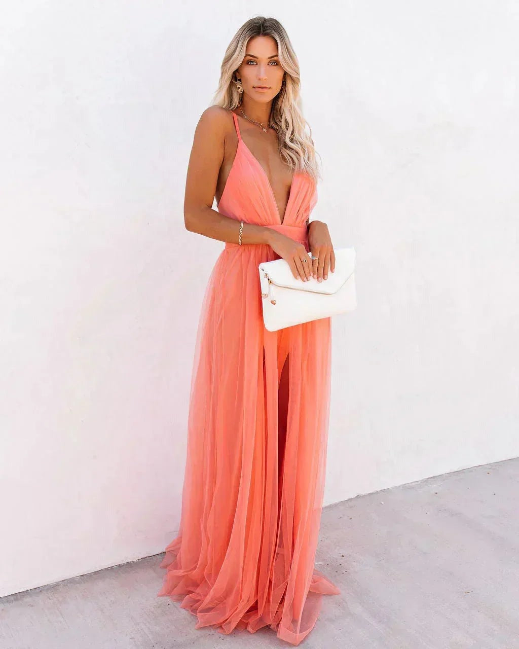 Karen - Women's Long orange backless dress with thin straps for summer evenings - photo 1