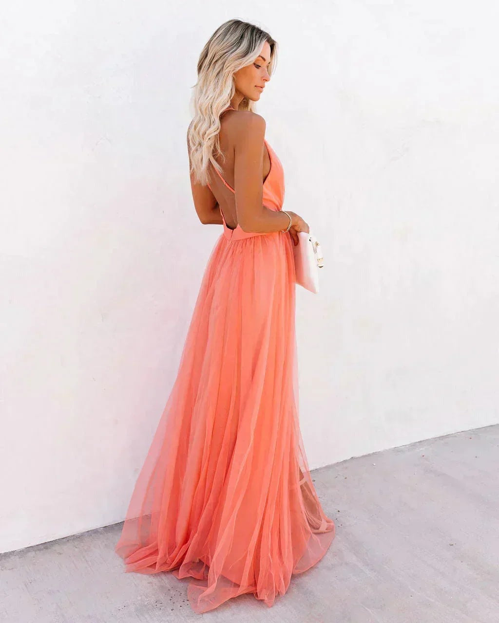 Karen - Women's Long orange backless dress with thin straps for summer evenings - photo 2