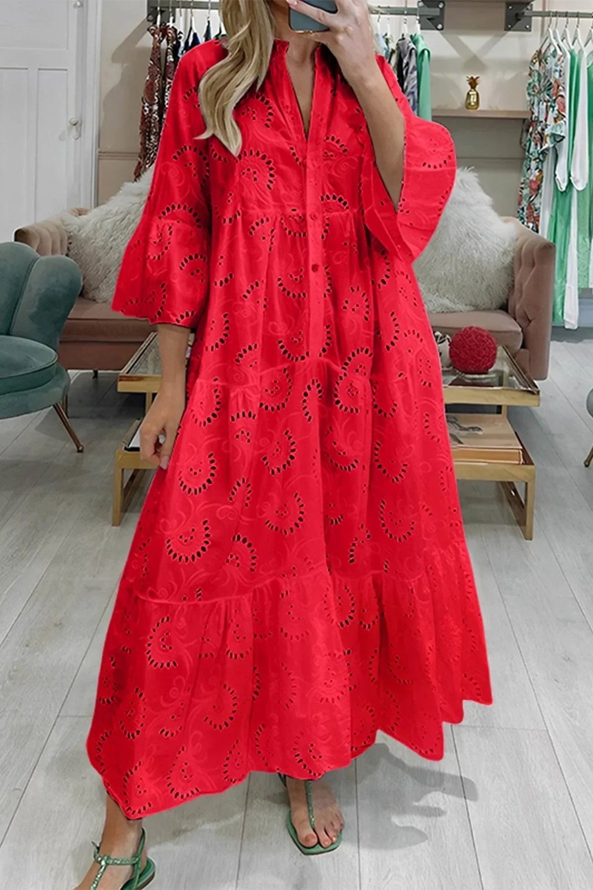 Emmy - Women's Openwork Summer Maxi Dress with V Neck and 3/4 Sleeves - photo 2