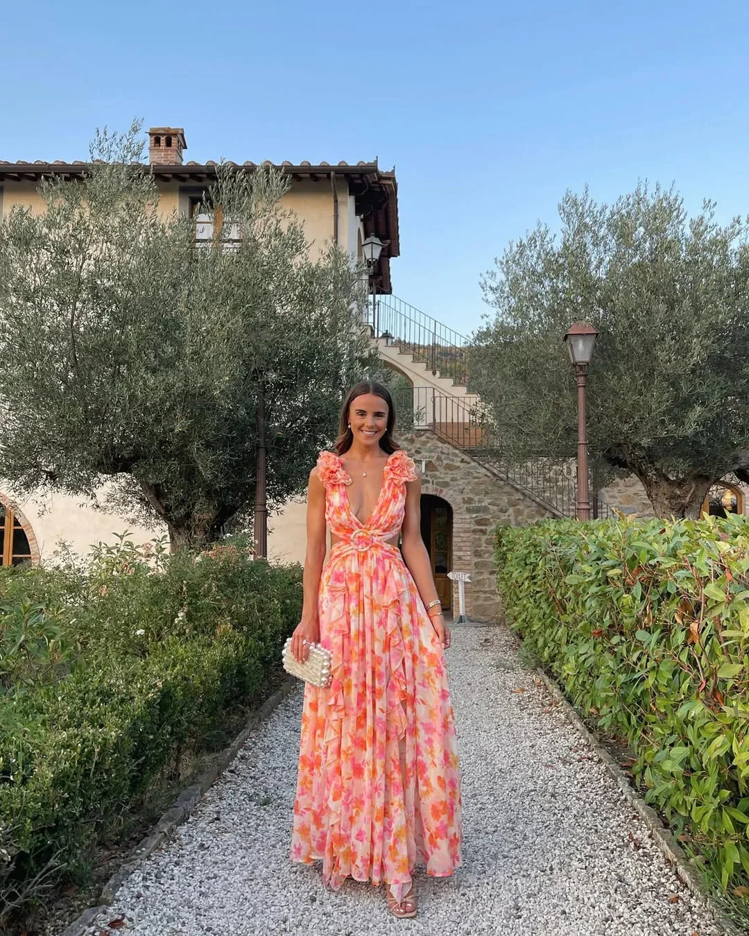 Maxi abito floreale senza maniche da donna