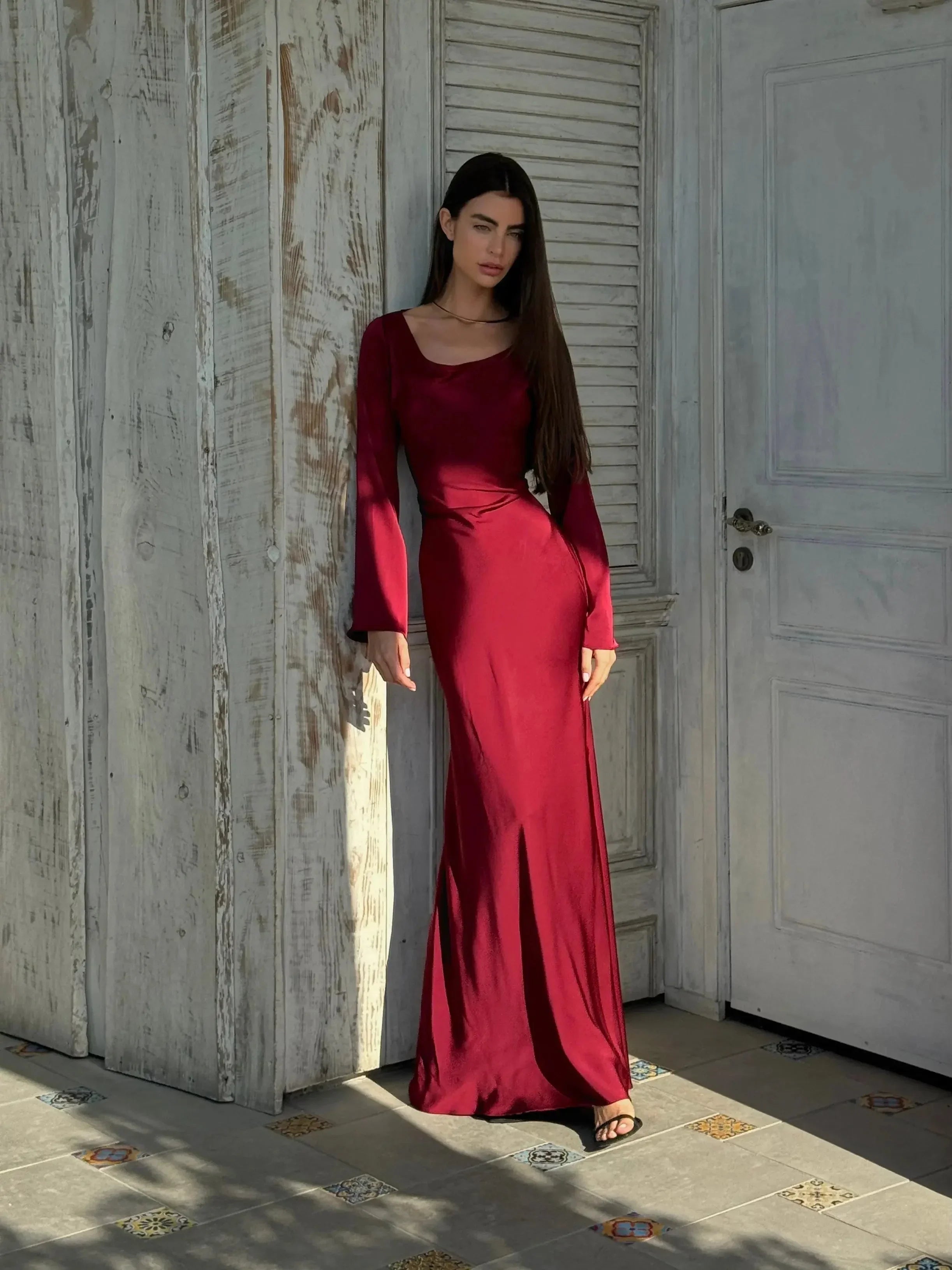 Abito lungo da donna con maniche lunghe per invitate a matrimonio