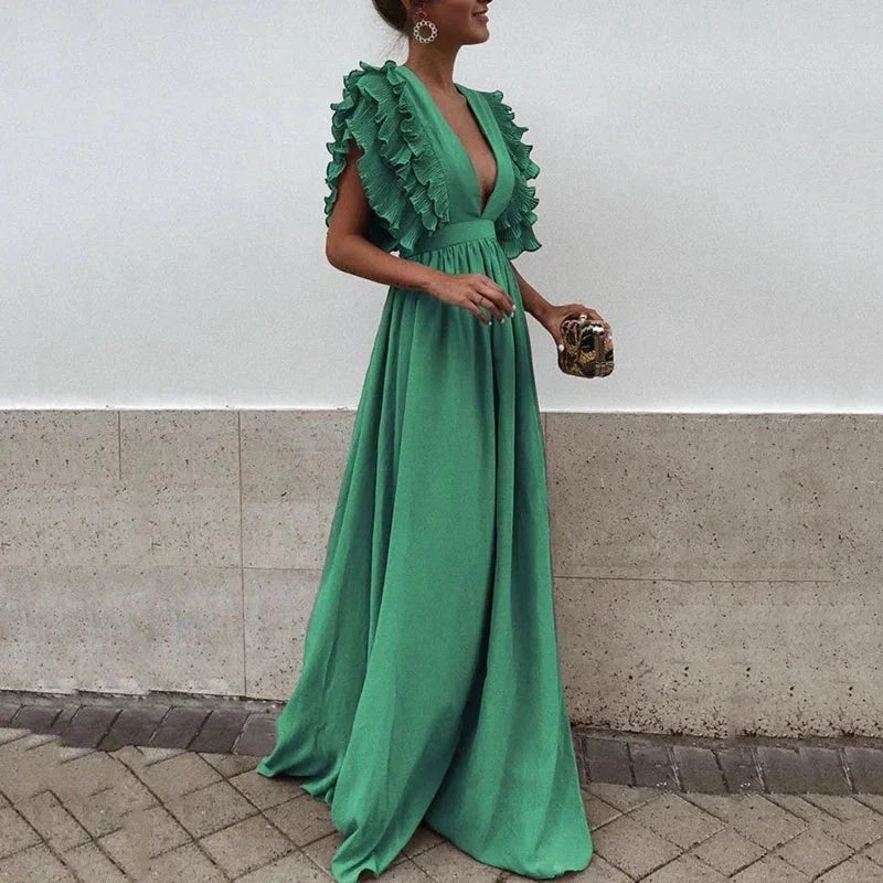 Nina - Women's long flowing dress with ruffled sleeves and a low neckline - photo 2