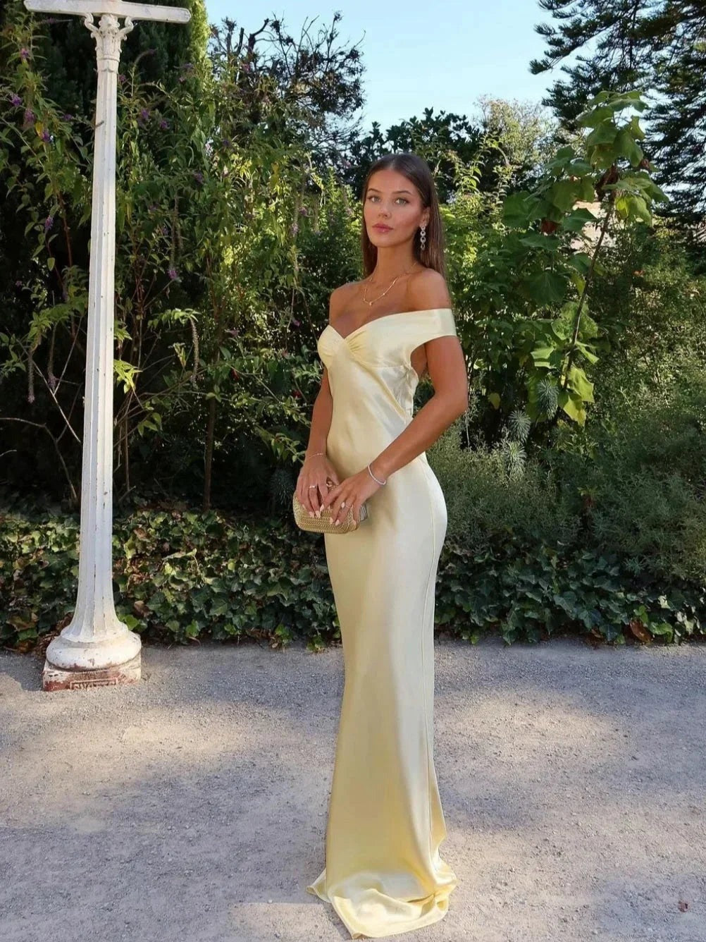 Felicity - Long yellow satin off-the-shoulder evening dress - photo 1