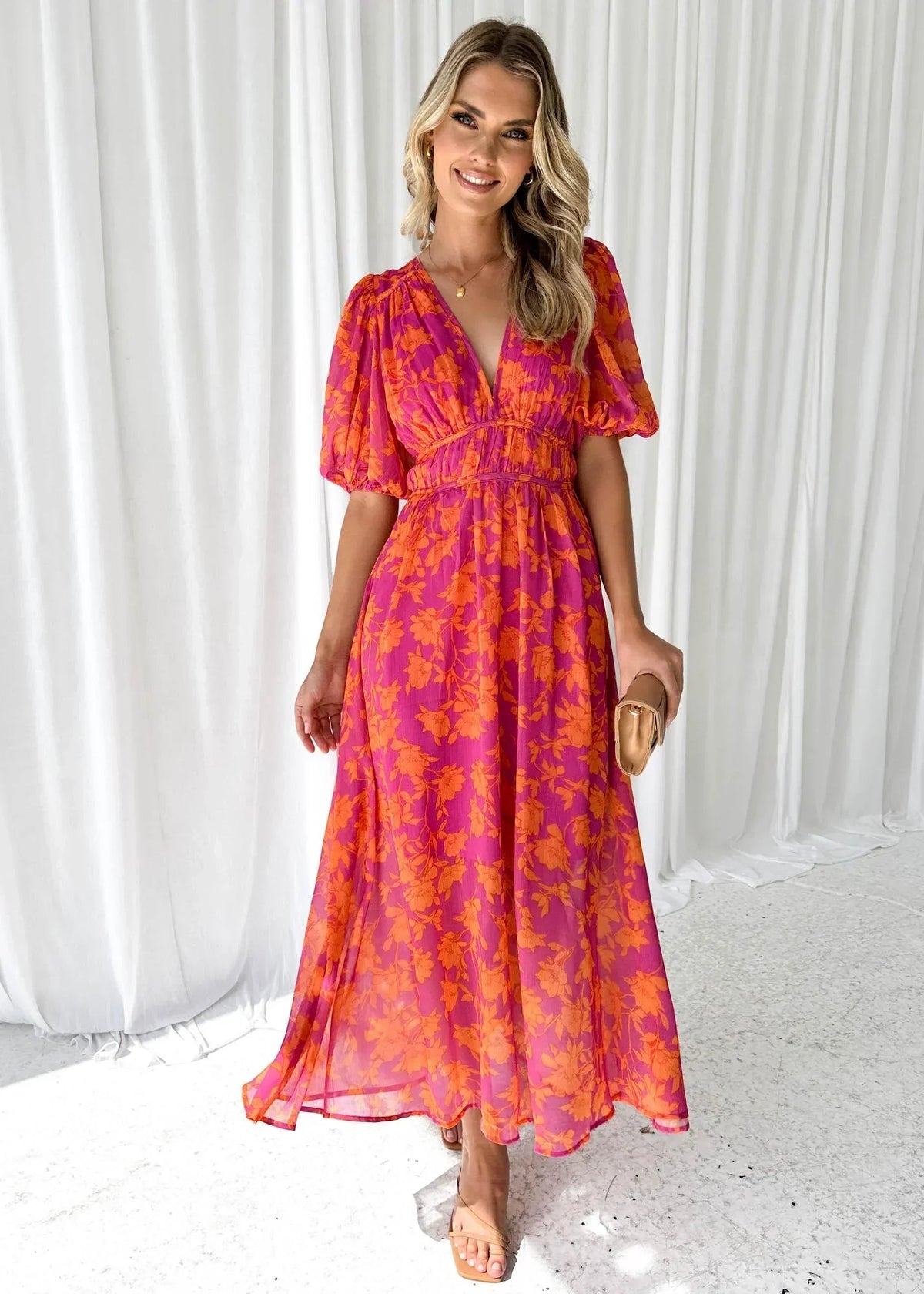 Pamela - Women's long pink floral dress with short sleeves and a V-neck - photo 1