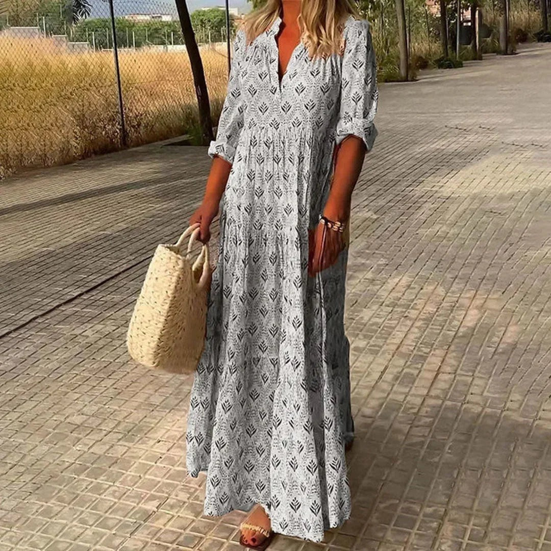 Bella - Women's long bohemian dress with V-neck and long sleeves for summer - photo 2