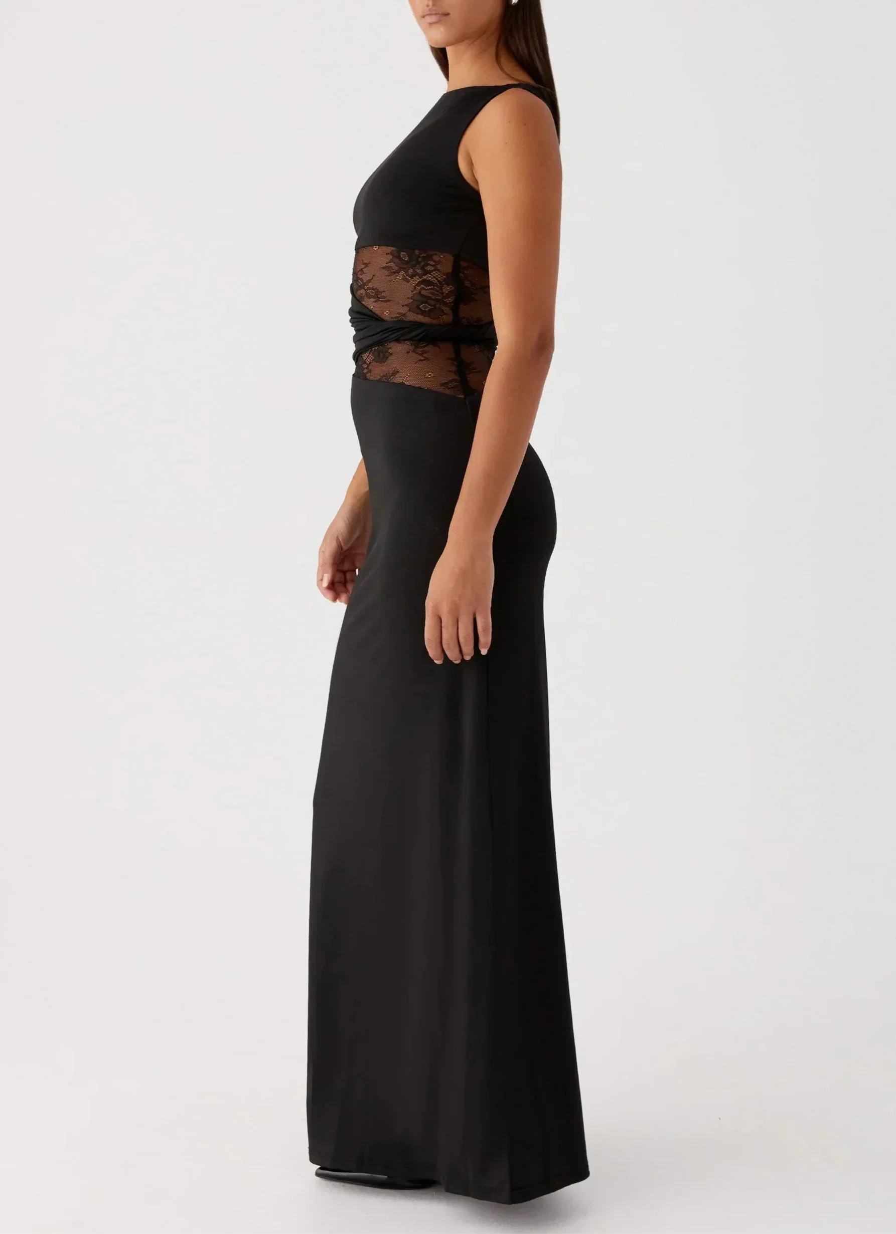 Ruby - Abito lungo nero da donna con pizzo e intagli