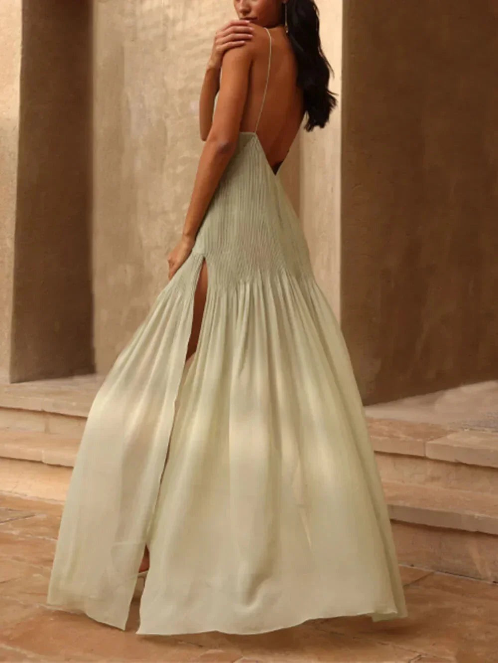 Madison - Women's long light green dress with slit and thin straps - photo 2