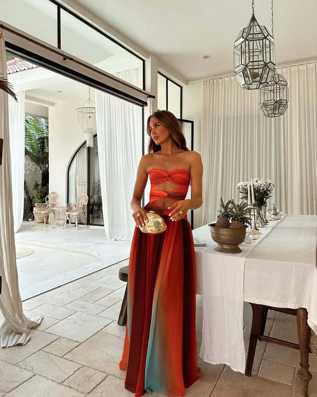 Women's summer strapless red and orange maxi dress - photo 3