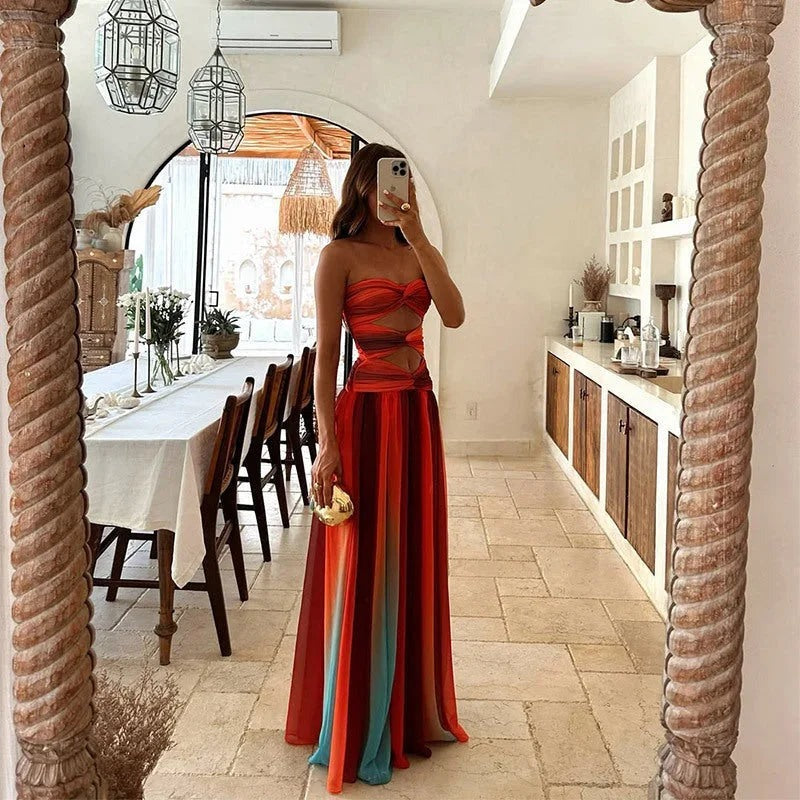 Women's summer strapless red and orange maxi dress - photo 4