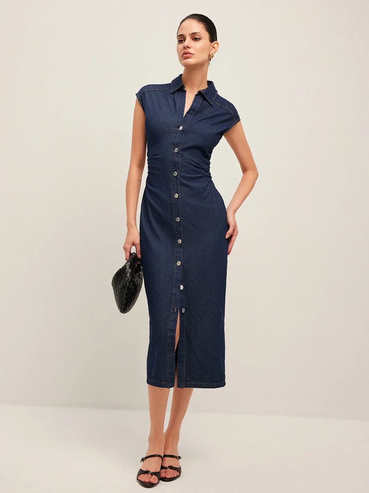 Penelope - Women's Dark blue denim midi dress with button-down V-neck and sleeveless design for the office in summer - photo 3