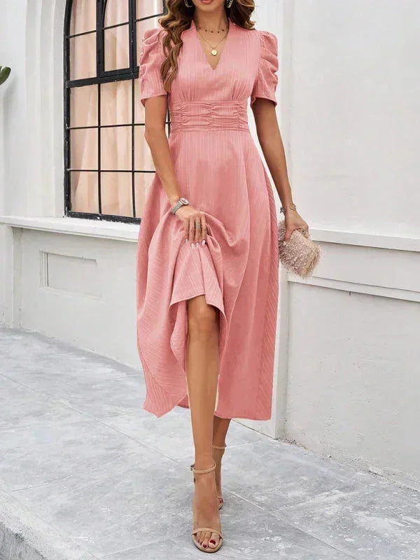 Phoebe - Abito midi da donna con scollo a V e maniche a sbuffo