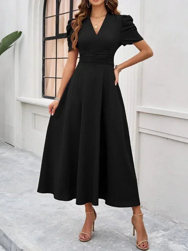 Phoebe - Women's Midi Dress with V-Neck and Puff Sleeves