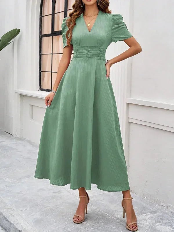Phoebe - Women's Midi Dress with V-Neck and Puff Sleeves