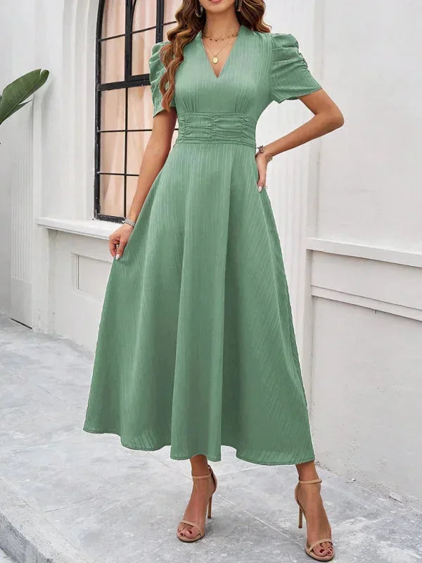 Phoebe - Abito midi da donna con scollo a V e maniche a sbuffo